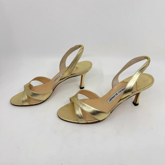 MANOLO BLAHNIK 'Callasli' Gold Metallic Leather Slingback Heels - Picture 4 of 10